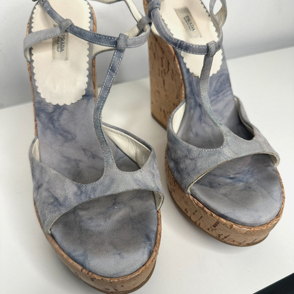Prada Tie Dye Light Blue Suede Tan Cork Wedge Sandals Ankle Espadrilles 38 - Picture 8 of 13